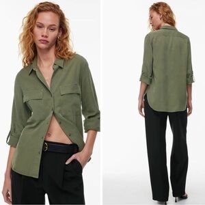 THE GROUP BABATON Utility shirt button down top Olive Green Roll Sleeves XXS